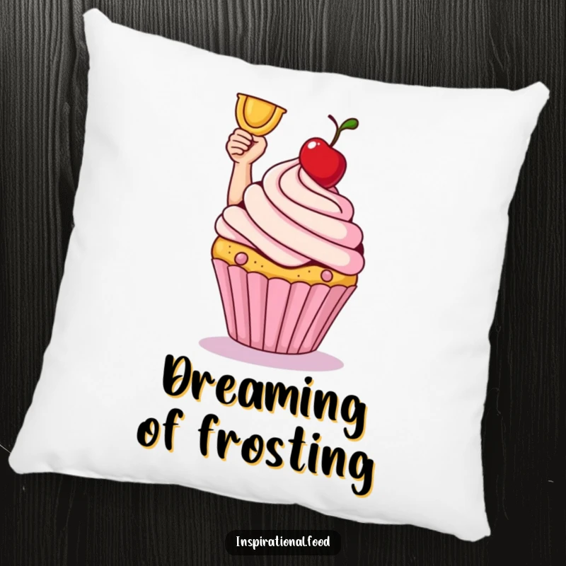 Smiling cupcake victoriously holding a cherry on a plush pillow. Adorable gift.