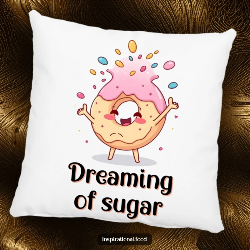 Funny donut pillow, a cheerful donut character joyfully tossing sprinkles, perfect for adding a touch of dessert-themed humor and comfort.