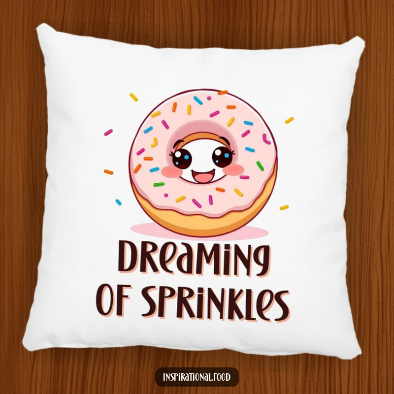 Funny donut pillow with a grinning character scattering sprinkles, offering comfort and a cheerful splash of playful decor.