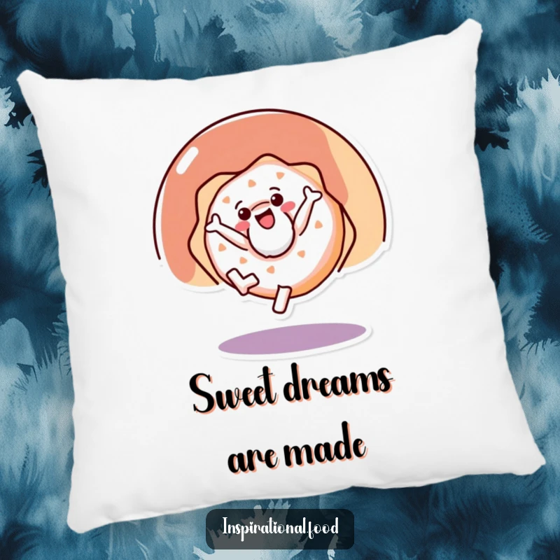 Funny pillow showing a delightful doughnut character doing a cartwheel, offering comfort and a dose of sweet humor.