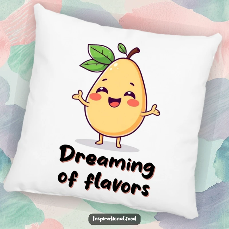 Funny decorative pillow featuring a giggling fruit character presenting a vibrant, imaginative food concept, perfect for comfort.