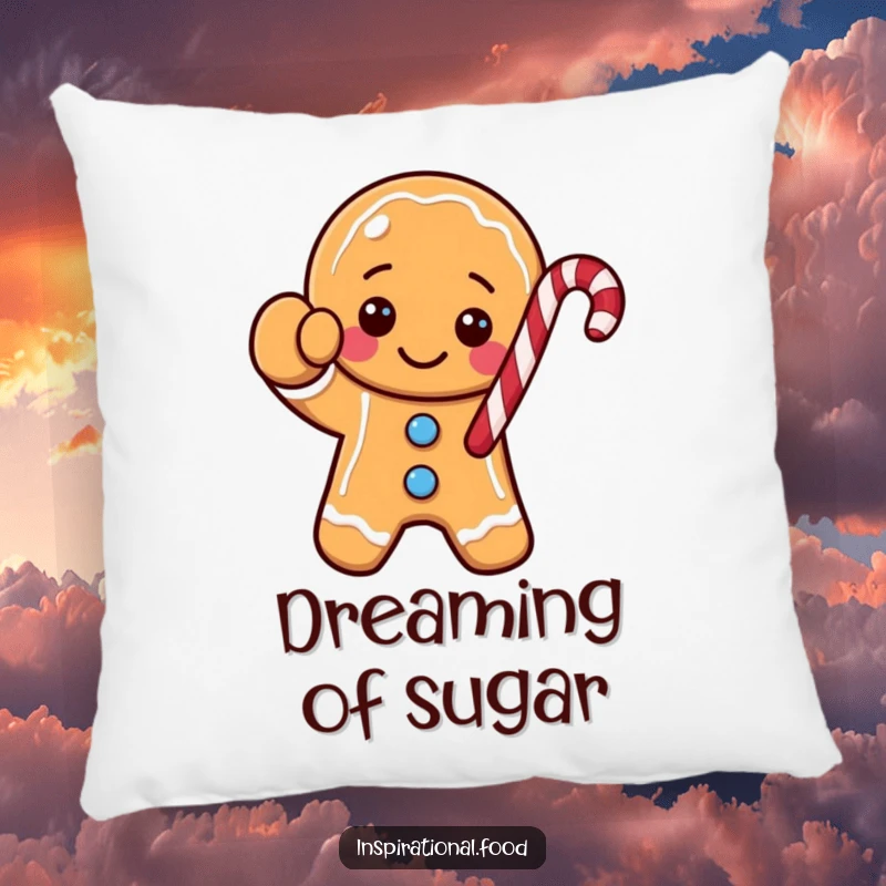 Funny gingerbread cookie character pillow, waving a festive candy cane, soft and cuddly for holiday comfort and joy.