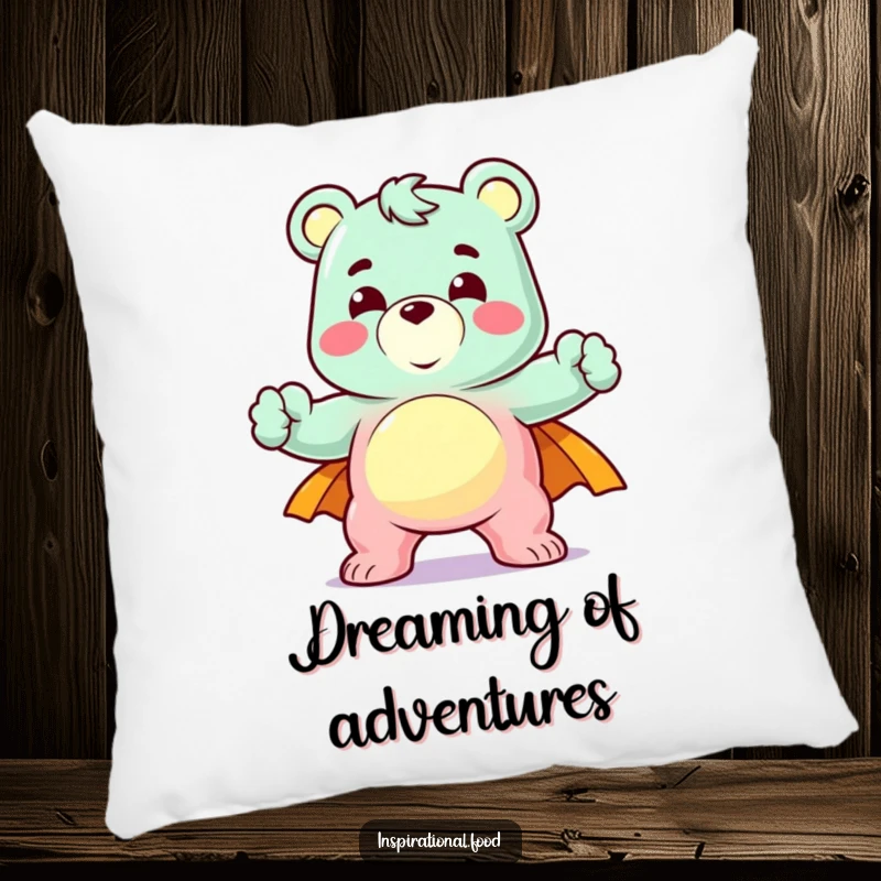 Funny pillow featuring a delighted gummy bear character in a heroic pose, offering cozy comfort with a humorous candy theme.