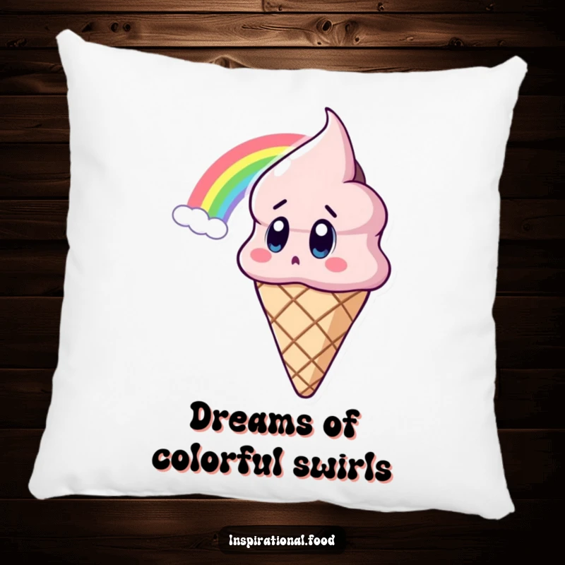 Funny Ice Cream Pillow with a surprised ice cream cone character gazing at a beautiful rainbow, perfect for adding comfort and charm.