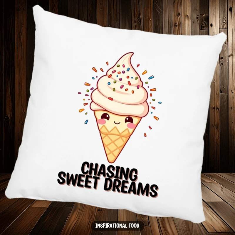 Funny pillow featuring a cheerful ice cream cone character surrounded by a delightful sprinkle explosion, offering comfort and joy.