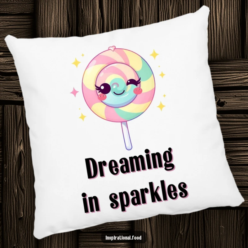 Funny lollipop pillow with a vibrant character emanating sweet sparkles, offering comfort and a touch of playful, sweet decor.