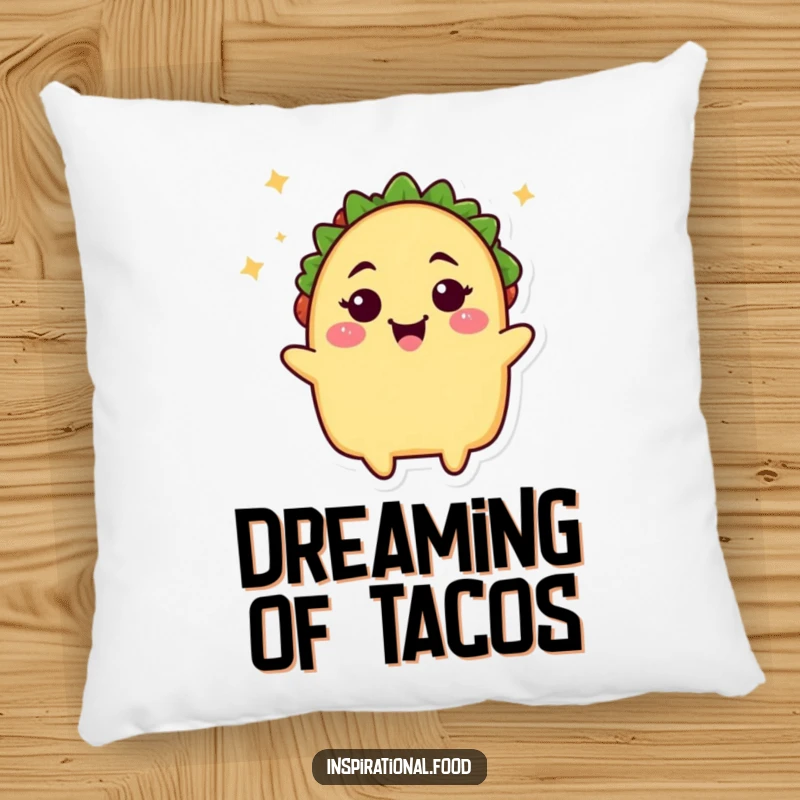 Funny taco pillow, a beaming taco character winking, perfect for adding a touch of food-themed humor and comfort to any sofa or bed.