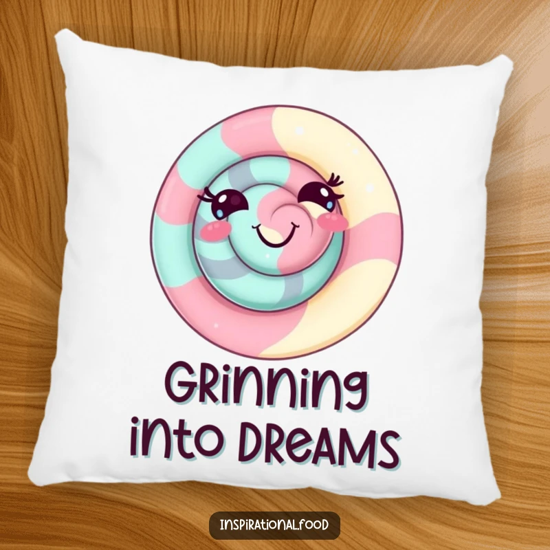 Funny candy swirl pillow featuring a delighted character with a playful grin, adding a soft and humorous sweet candy accent.