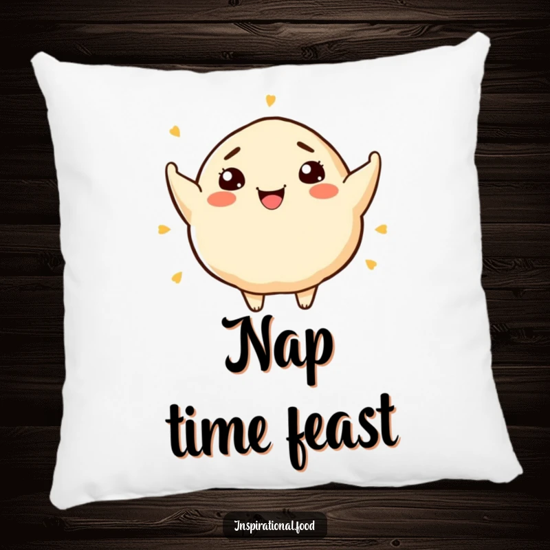 Funny decorative pillow featuring a smiling dumpling character bursting with artistic food ideas, perfect for comfort.