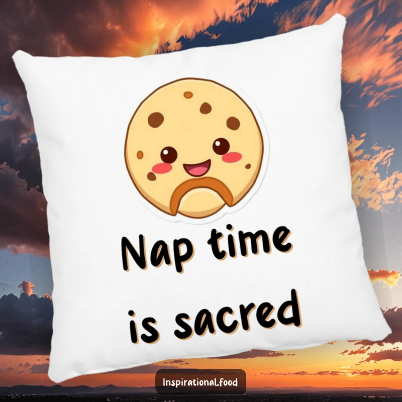 Funny pillow featuring a smiling cookie character with a bite mark, perfect for adding comfort and cheerful vibes.