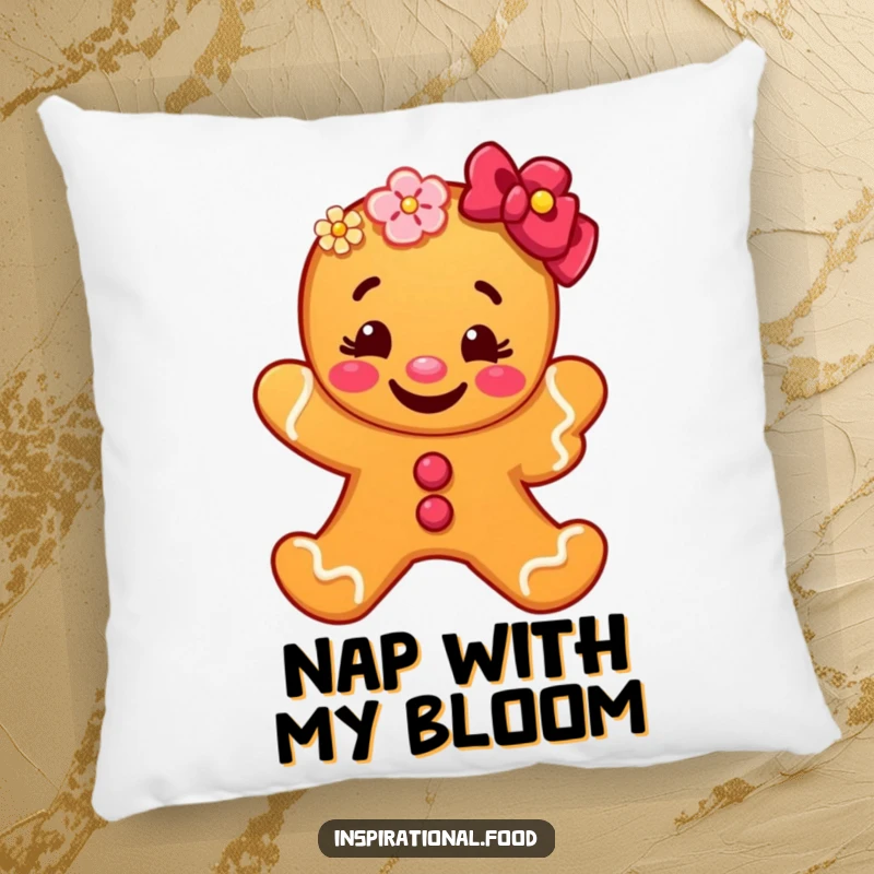 Funny gingerbread man pillow with a cheerful grin, holding a colorful flower, offering comfort and a touch of whimsical humor to any seating area.