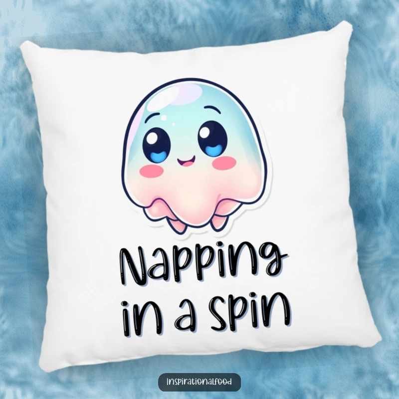 Funny pillow with a wobbling jelly character with round eyes, spinning around for humorous comfort.