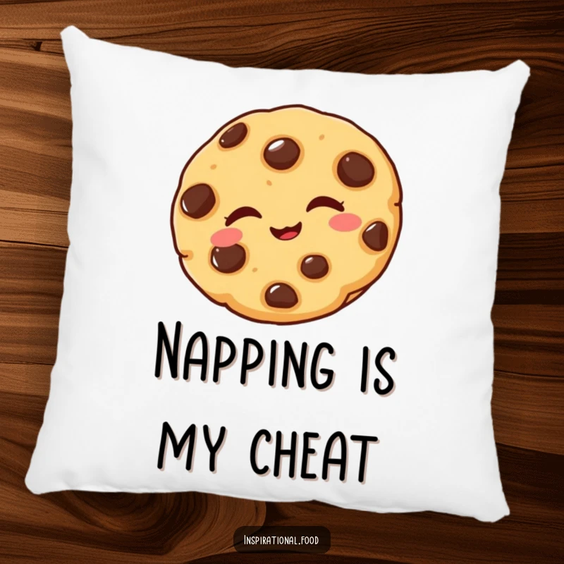 Funny decorative pillow featuring a delighted chocolate chip cookie winking playfully, perfect for adding sweet charm.