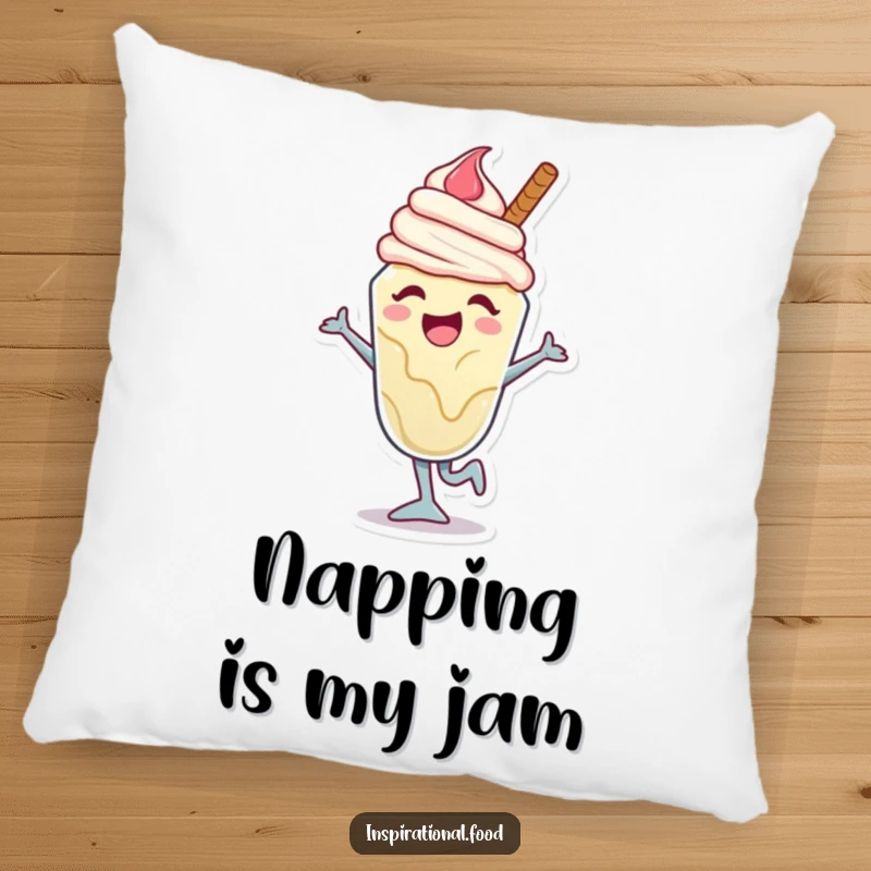 Funny ice cream sundae pillow with a joyful character caught mid-dance move, providing comfort and a cheerful, dancing vibe.