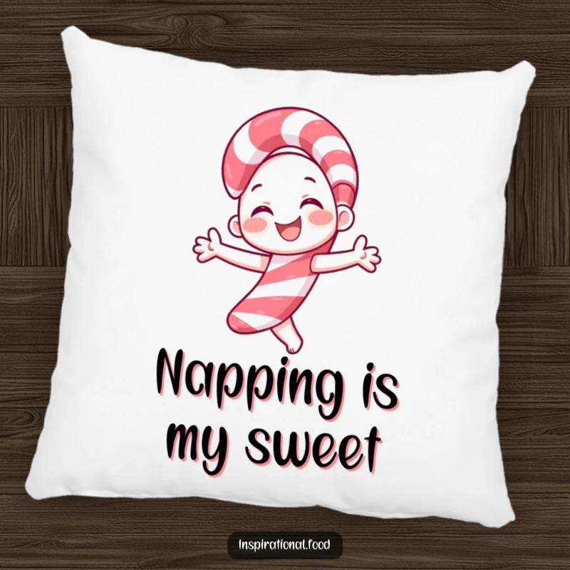 Funny candy cane pillow with a smiling character joyfully twirling, providing comfort and a festive splash of holiday humor.