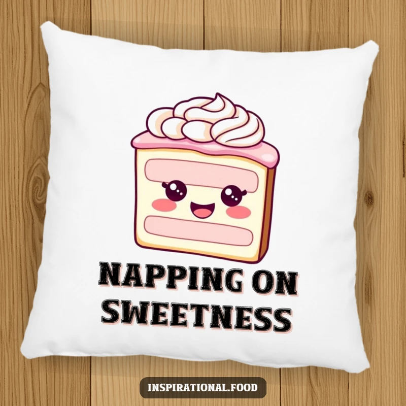 Funny pillow with a cheerful cake slice character and swirling frosting, offering comfort and a dose of sweet humor.