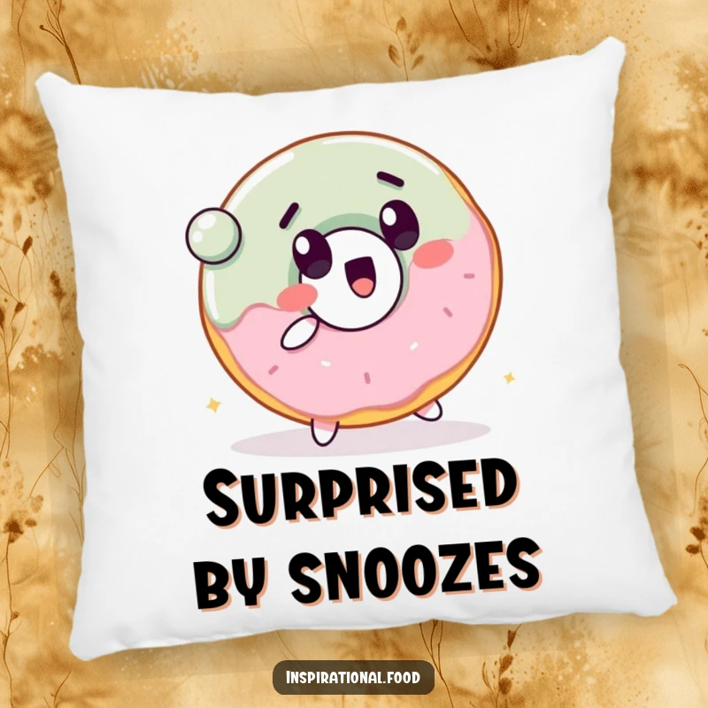 Funny pillow with a cheerful donut character with a surprised expression, bouncing a ball for humorous comfort.