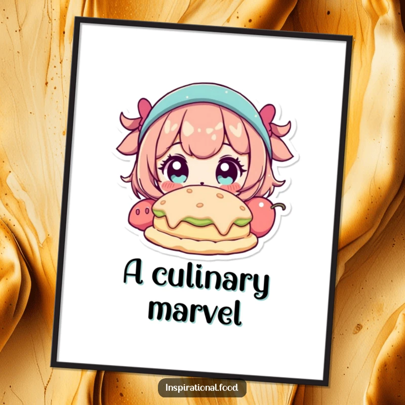 Funny digital art print of a character with wide eyes looking at a fantastical food creation, perfect for instant wonder.