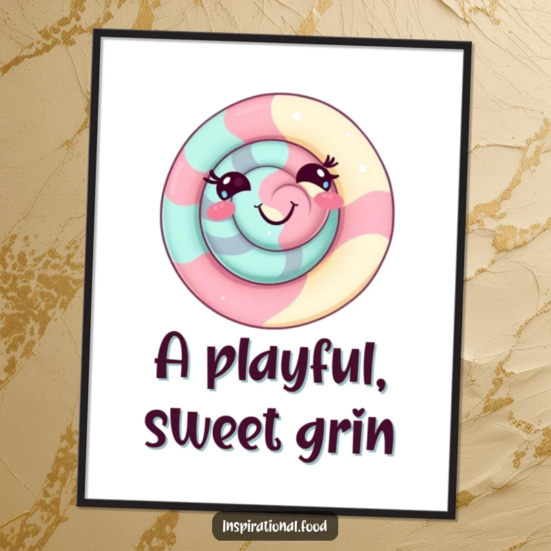 Funny candy swirl digital art print with a delighted, playful grin, perfect for instant sweet candy-themed decor and humor.