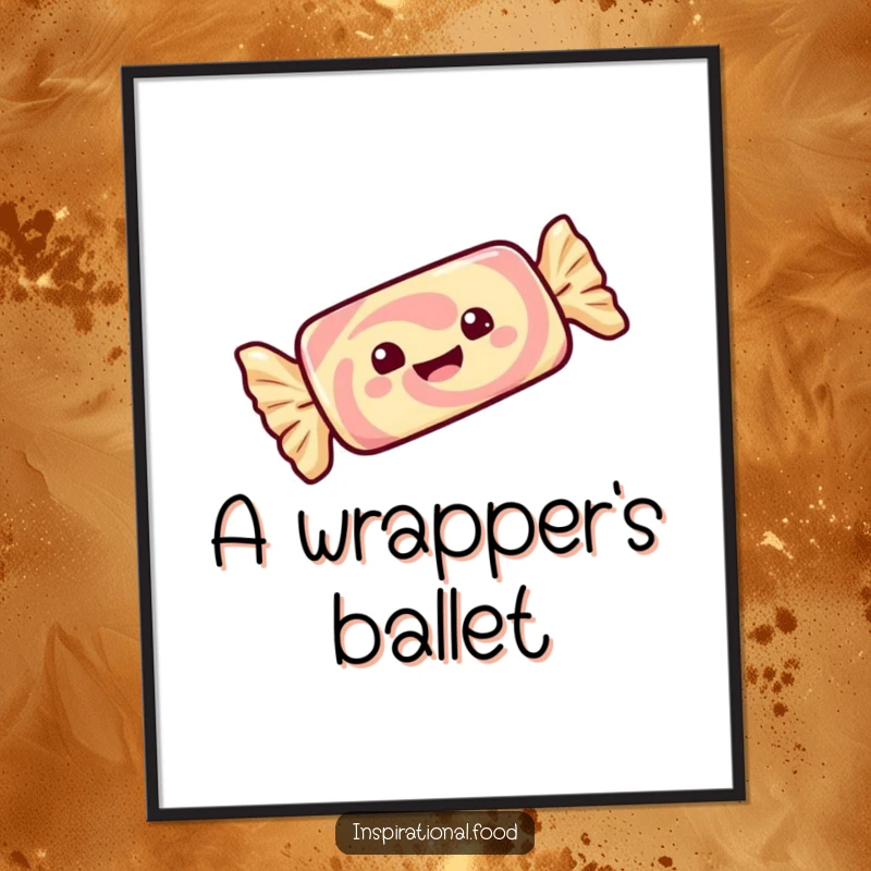 Funny digital art print of a gleeful candy bar with its wrapper twirling with delight, perfect for sweet decor.