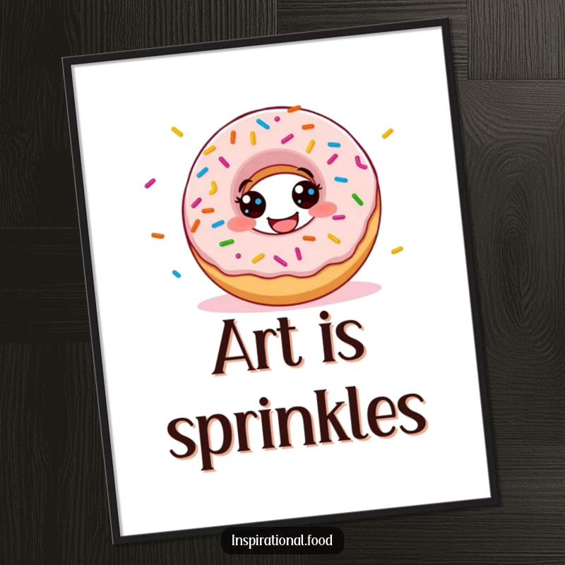 Funny donut digital art print featuring a grinning character scattering a burst of colorful sprinkles, ready to adorn your walls.