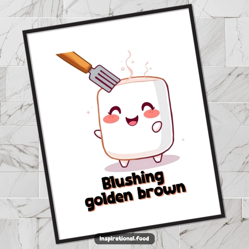 Funny digital art print of a cheerful, blushing marshmallow being toasted, bringing warmth and happiness instantly.