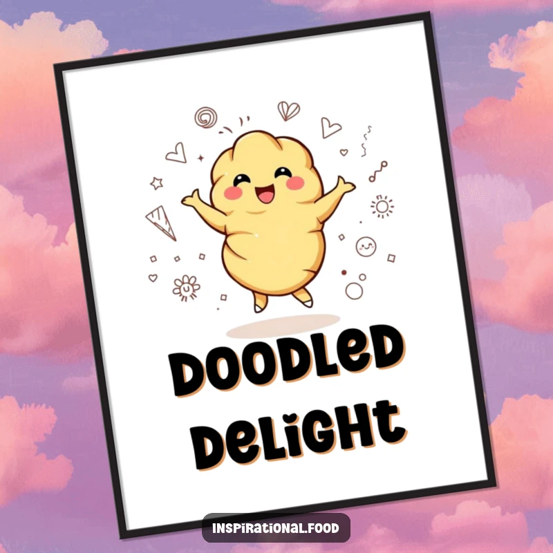 Funny digital art print of a bubbly croissant character joyfully twirling amidst colorful artistic doodles, instantly downloadable.