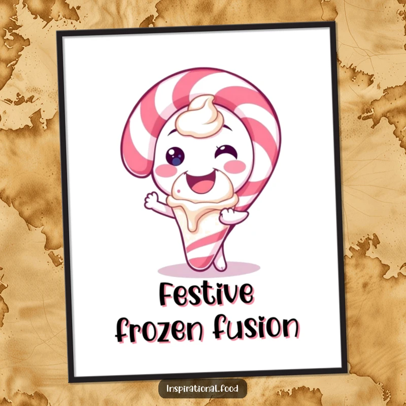 Funny digital art print of a candy cane character smiling broadly and offering a scoop of ice cream, symbolizing sweet holiday generosity.