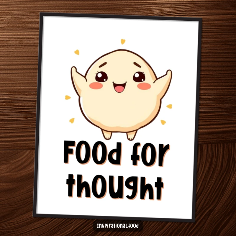 Funny digital art print of a smiling dumpling character overflowing with imaginative food concepts, celebrating delicious ideas.