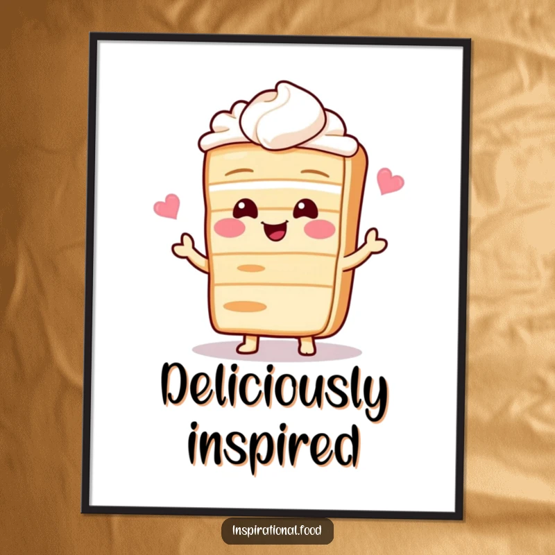 Funny digital art print of a giggling cake slice character sharing a recipe, adding a whimsical and sweet touch.