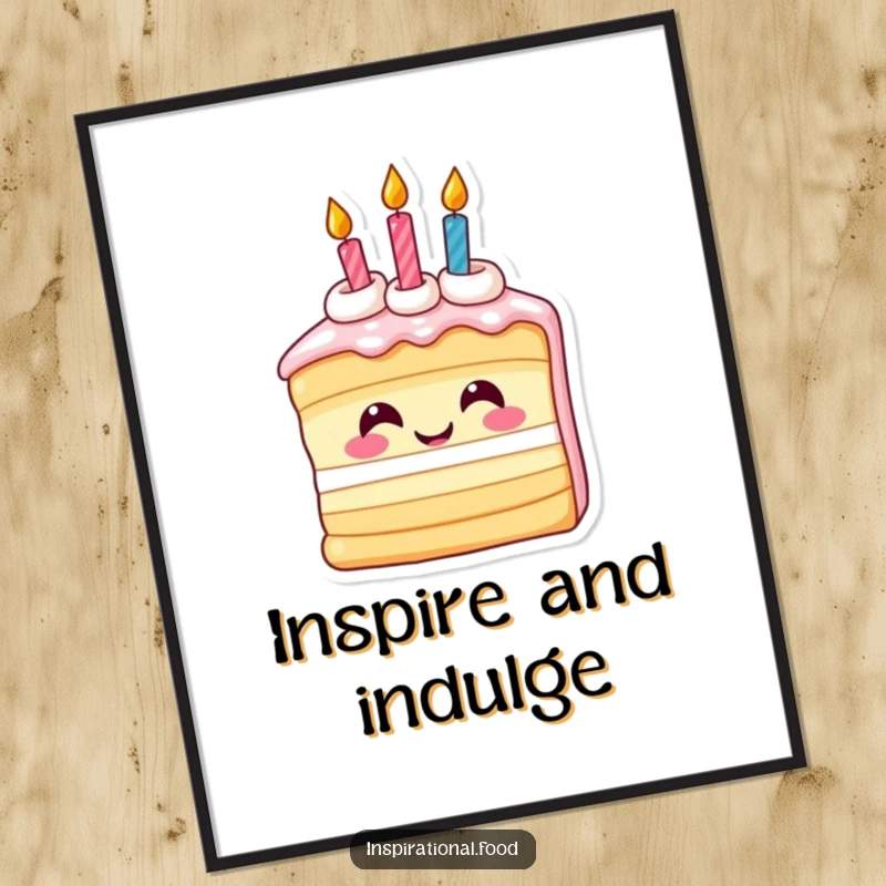 Funny digital art print of an inspired smiling slice of birthday cake with candles, perfect for humorous celebration decor.