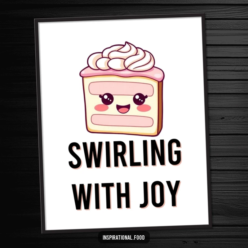 Funny digital art print of a cheerful cake slice character with elegant frosting swirls, bringing sweet joy to any decor.