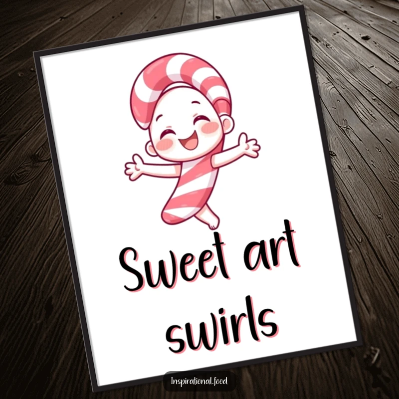 Funny candy cane digital art print showcasing a smiling character joyfully twirling, ready to bring holiday spirit to your decor.