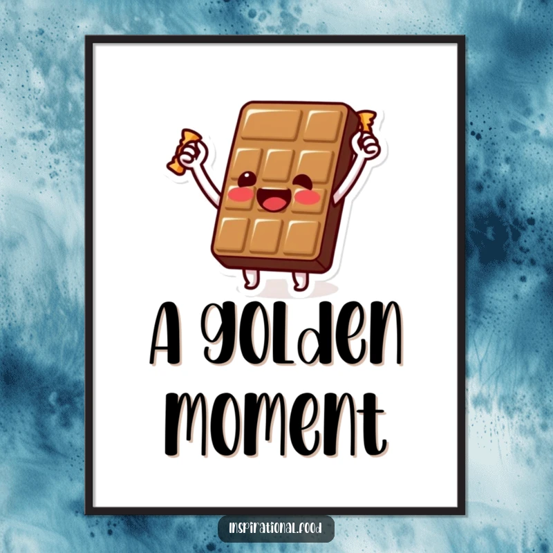 Funny chocolate bar digital art print with a beaming character holding a golden wrapper aloft, perfect for elegant and humorous wall decor.