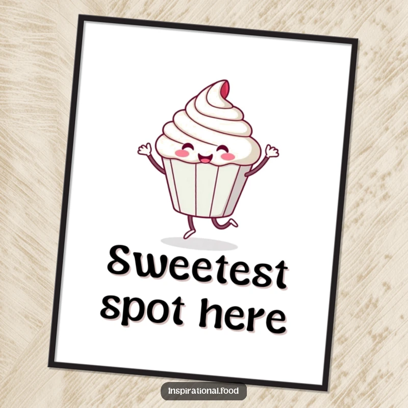 Funny digital art print of a playful cupcake character doing a happy, sugary dance, bringing sweet, humorous vibes instantly.