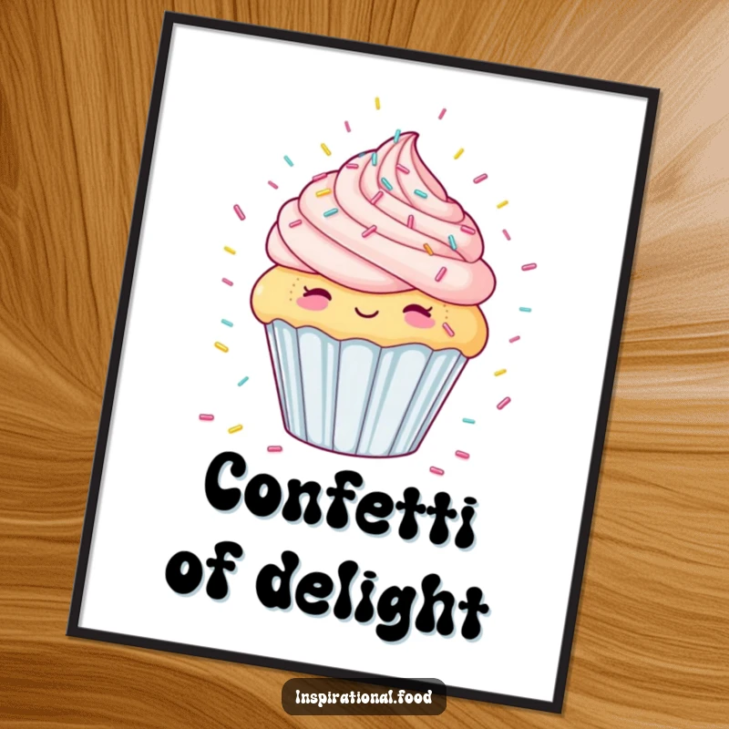 Funny digital art print of a happy cupcake dreaming of a vibrant candy sprinkle shower, celebrating sweet indulgence humorously.