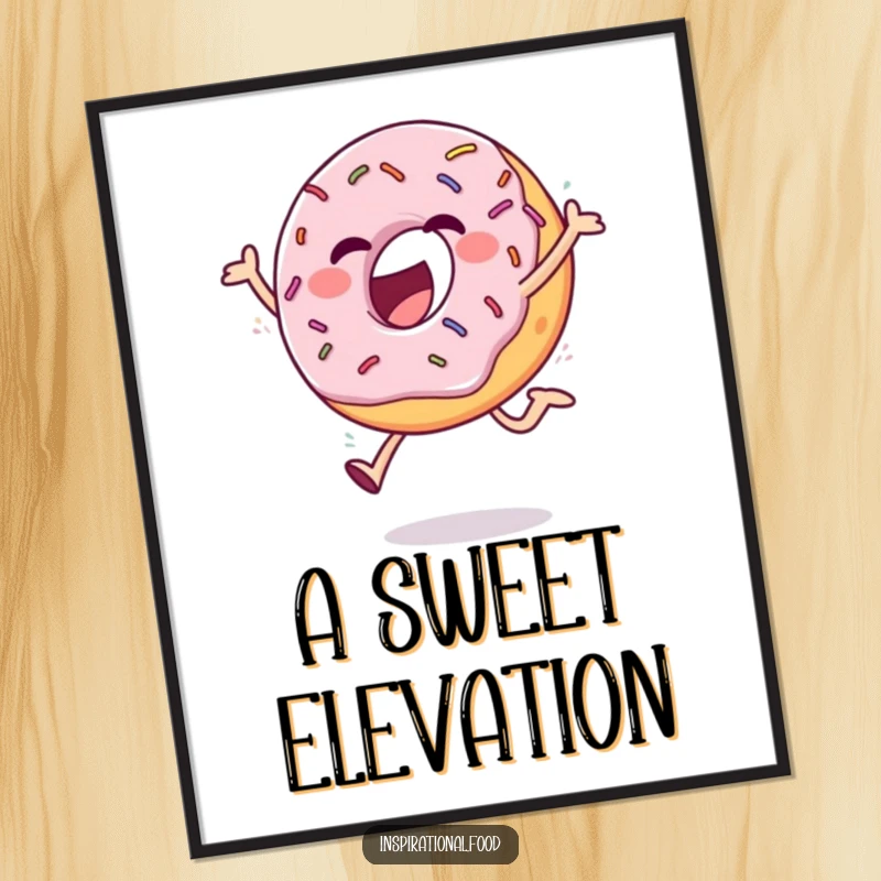 Funny ecstatic donut with sprinkles doing a cheerful leap, digital art print for vibrant and humorous wall decor.