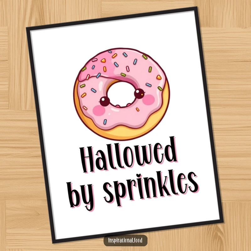 Happy donut character with a halo of shiny sprinkles in a digital art print.