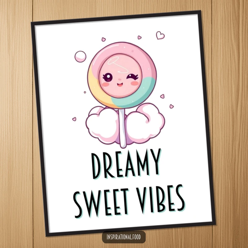Funny digital art print of a dreamy lollipop character floating on a vibrant cotton candy cloud, perfect for digital decoration.
