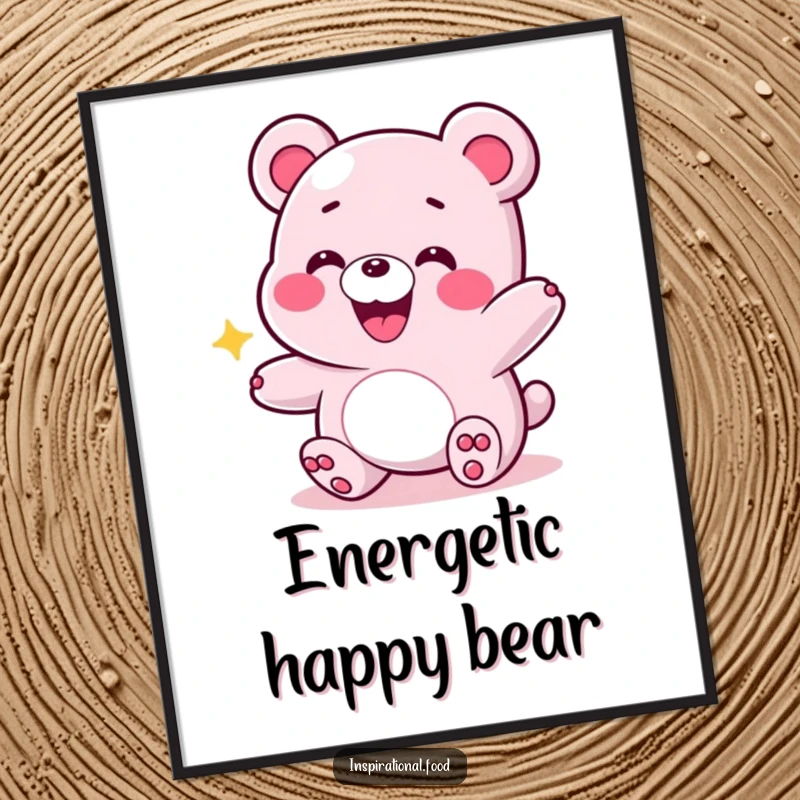 Funny digital art print of a grinning gummy bear in an energetic bounce, capturing a sense of pure happiness and lively spirit.
