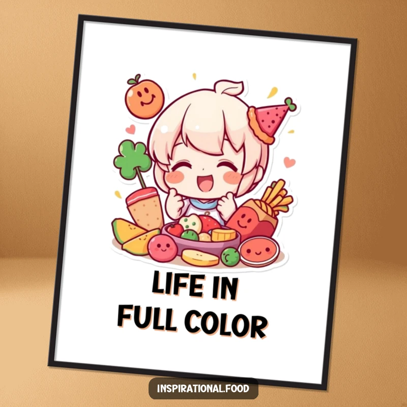Funny digital art print of a happy character playfully arranging colorful food elements, perfect for instant vibrant decor.