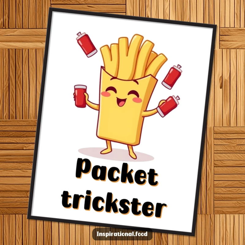 Funny digital art print of a giggling french fry character juggling ketchup packets, offering instant fast food humor.