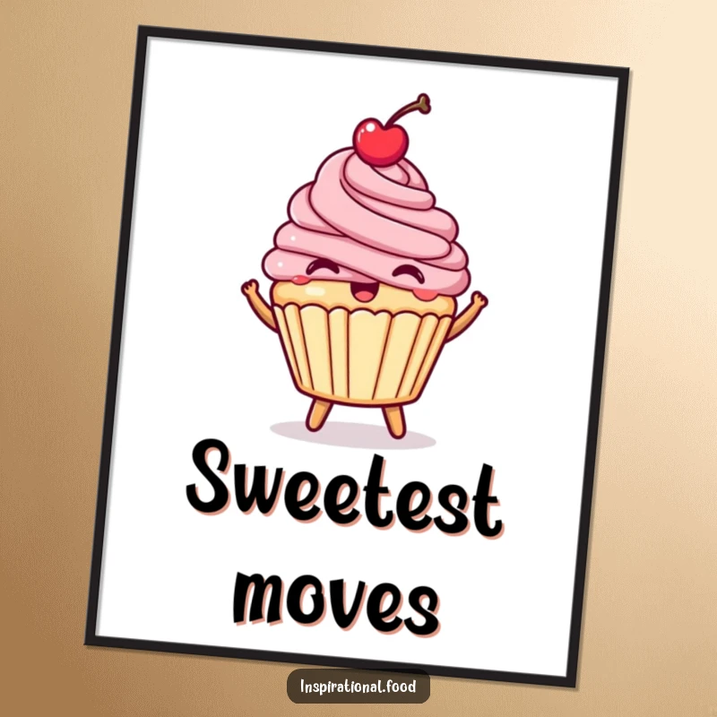 Funny happy cupcake digital art print, a bouncing dessert with a cherry, cute and joyful.