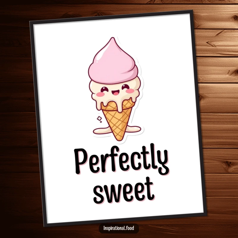 Funny digital art print of a beaming ice cream cone character melting into deliciousness, adding a sweet and humorous touch.