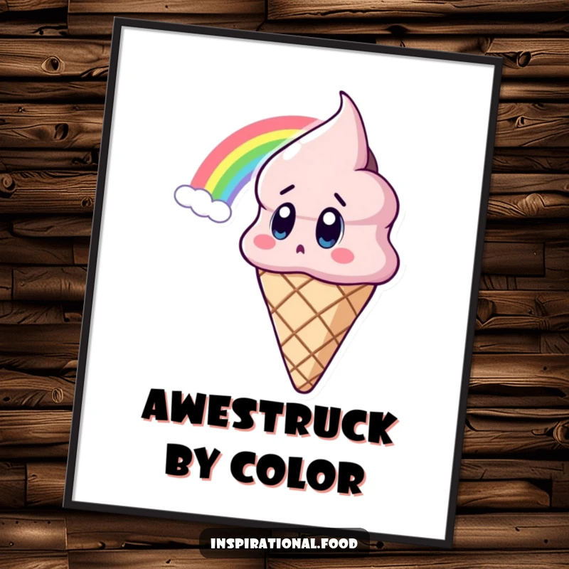 Funny Ice Cream Digital Art Print of a surprised ice cream cone character marveling at a vibrant rainbow, offering instant whimsical decor.