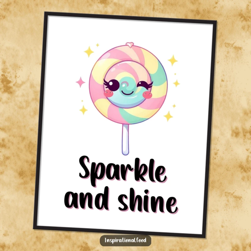 Funny lollipop digital art print showcasing a vibrant character emitting sweet sparkles, ready to add magical charm to your decor.