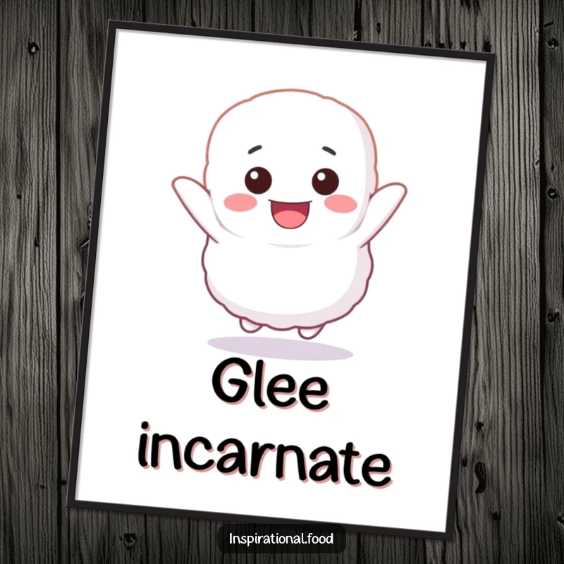 Funny digital art print of a fluffy marshmallow character bouncing with unbridled glee, a joyful and playful illustration for decor.