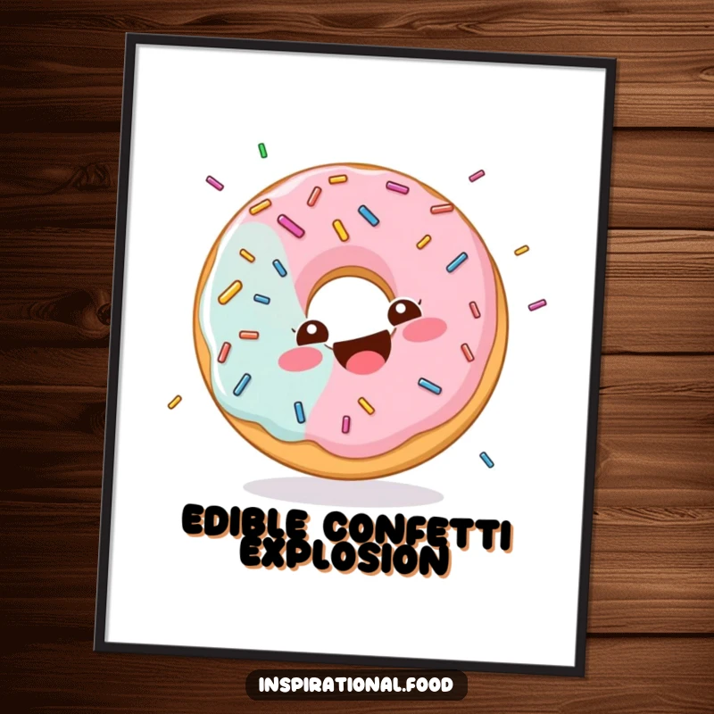 Funny digital art print of a donut character with a happy swirl, giggling joyfully while being showered in colorful sprinkles.