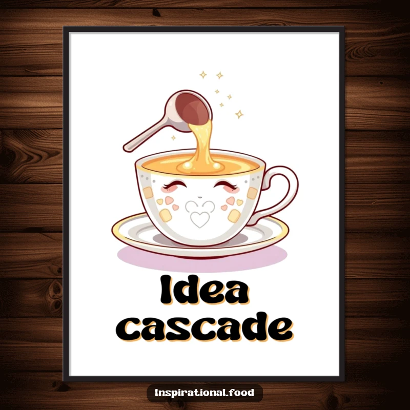 Funny digital art print of a shining teacup character with a sparkling ladle pouring a cascade of creative ideas, instantly downloadable.