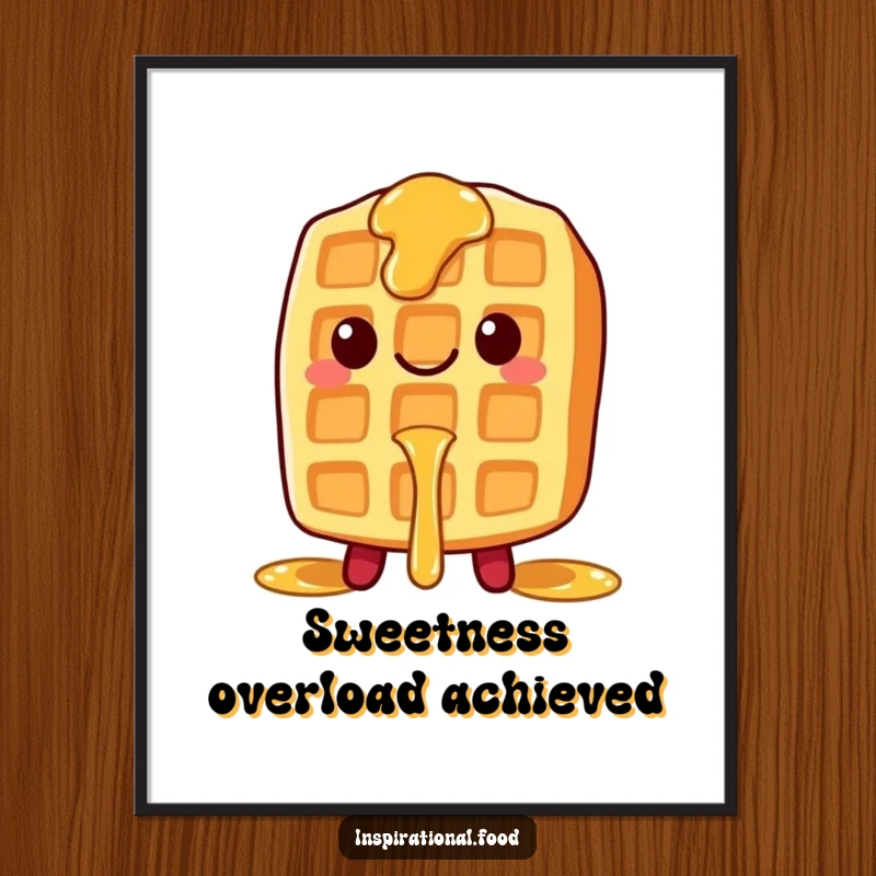 Funny digital art print of a smiling waffle character with syrup dripping, bringing instant breakfast cheer.